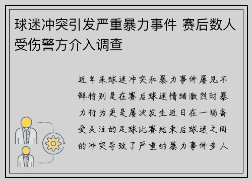 球迷冲突引发严重暴力事件 赛后数人受伤警方介入调查